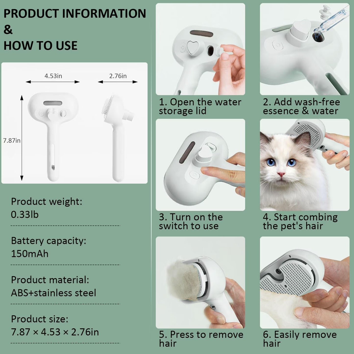 Fresh Fur Shower Brush 3 in 1 Self-Cleaning Spray Hair Removal Comb, Help Purify Bath Water, Reduce Hair Loss, Suitable for All Hair Types