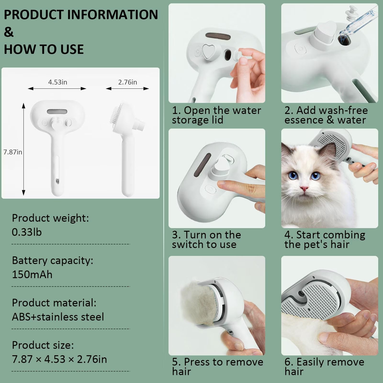 Fresh Fur Shower Brush 3 in 1 Self-Cleaning Spray Hair Removal Comb, Help Purify Bath Water, Reduce Hair Loss, Suitable for All Hair Types